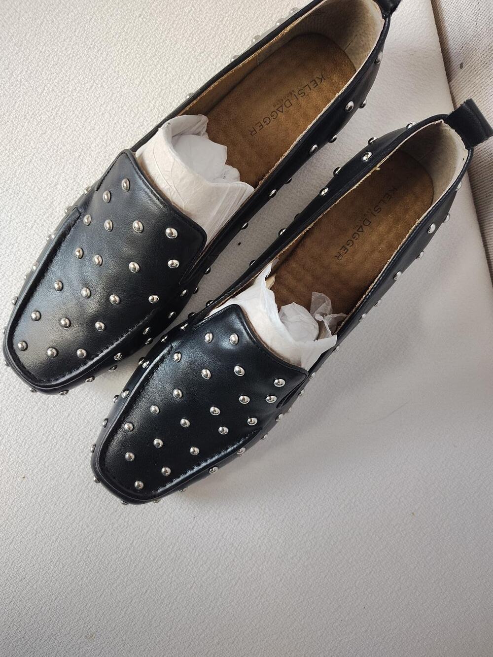 Kelsi Dagger Finley Womens 11 Black Leather Studded Flats Square Toe NWOB